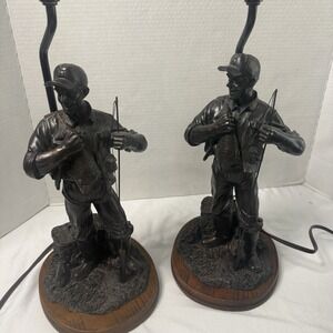 Vintage Fisherman Sculpture Lamp 1993 Dezine Bass Fish Pair Rustic Cabin Lake
